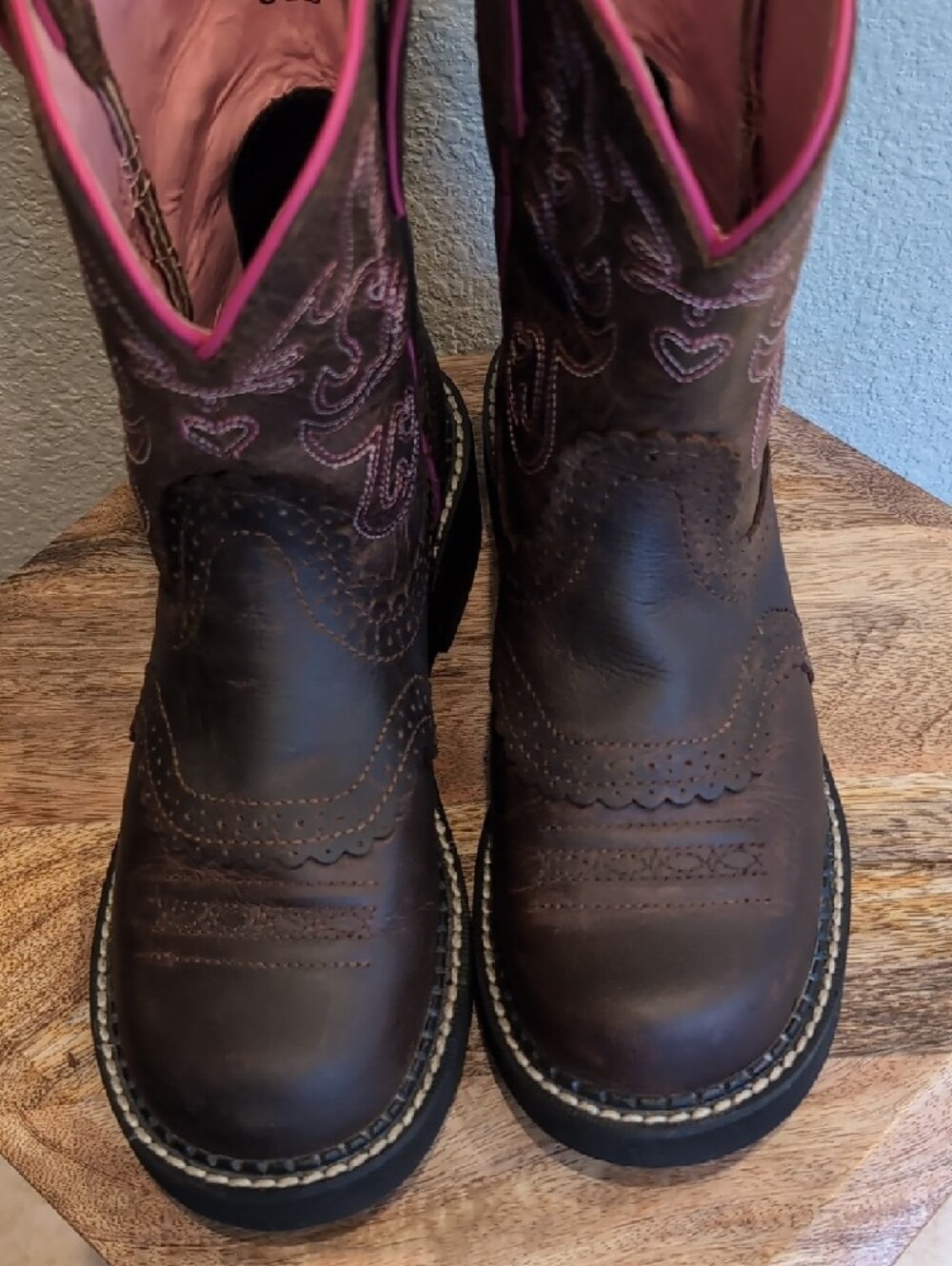 Ariat Fat Baby Leather Cowboy Boots with Pink Trim - Picture 9 of 10